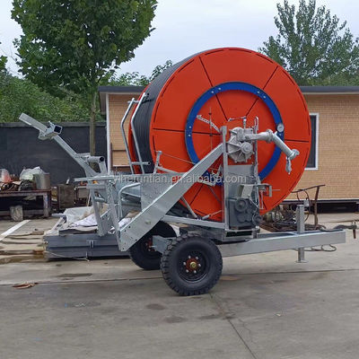 JP-75-300 Sistema de riego de granja Rollo de manguera de velocidad ajustable y aspergador de pistola de lluvia para máquina de riego de viajes de metal
